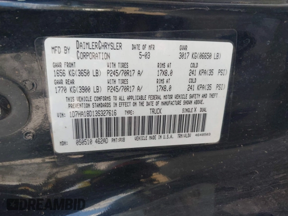 2003 Dodge 1500 ST with VIN 1D7HA18D13S327616, listed as a IAAI auction lot 42068457 with 215,412 mi miles and . Bid and sale history available at DreamBid. Image 9.