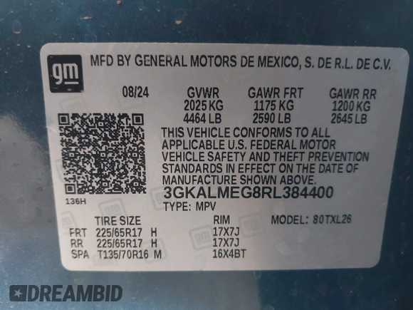 2024 GMC Terrain SLE с VIN 3GKALMEG8RL384400, выставлен на аукционе IAAI как лот 42358557 с пробегом 3 245 миль миль и . История ставок и продаж доступна на DreamBid. Изображение 9.