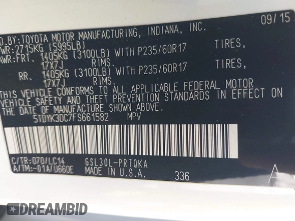 2015 Toyota Sienna XLE with VIN 5TDYK3DC7FS661582, listed as a IAAI auction lot 41688972 with 145,953 mi miles. Bid and sale history available at carsss.com. Image 9.