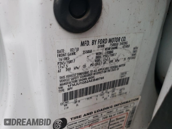 2010 Ford Expedition SSV with VIN 1FMJU1G52AEB48795, listed as a Copart auction lot 86152164 with 107,801 mi miles and Salvage title. Bid and sale history available at DreamBid. Image 14.