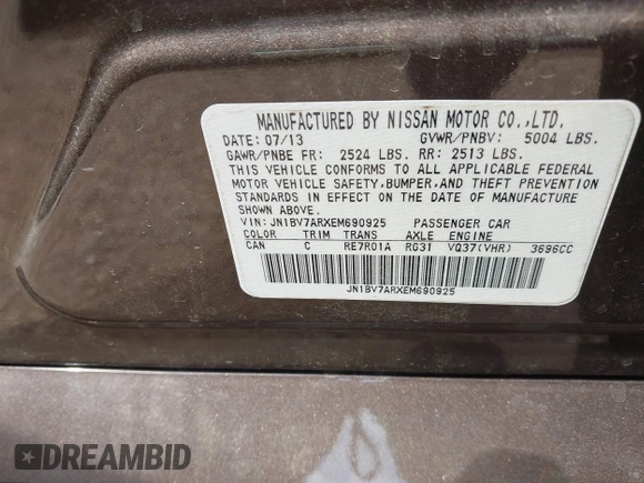 2014 Infiniti Q50 Sport with VIN JN1BV7ARXEM690925, listed as a IAAI auction lot 42163630 with 130,931 mi miles and . Bid and sale history available at carsss.com. Image 9.
