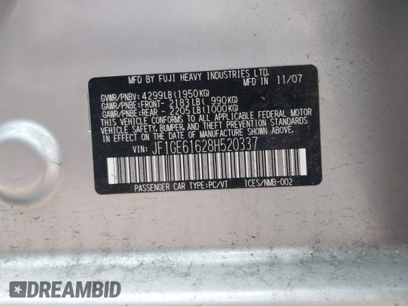 2008 Subaru Impreza i z VIN JF1GE61628H520337, wystawiony jako IAAI lot #39863741 z przebiegiem 92 768 mil mil oraz . Historia ofert i sprzedaży dostępna na DreamBid. Obrazek 9.