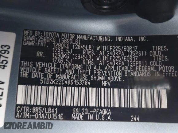 2008 Toyota Sienna XLE with VIN 5TDZK22C48S153784, listed as a IAAI auction lot 41971319 with 126,071 mi miles. Bid and sale history available at carsss.com. Image 9.