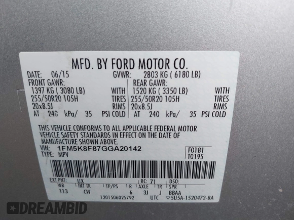 2016 Ford Explorer Limited with VIN 1FM5K8F87GGA20142, listed as a IAAI auction lot 42095079 with 69,350 mi miles. Bid and sale history available at carsss.com. Image 9.