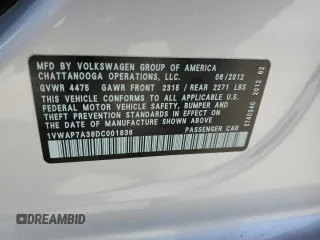 2013 Volkswagen Passat S with VIN 1VWAP7A38DC001836, listed as a Copart auction lot 61879375 with 82,841 mi miles and Salvage title. Bid and sale history available at DreamBid. Image 12.