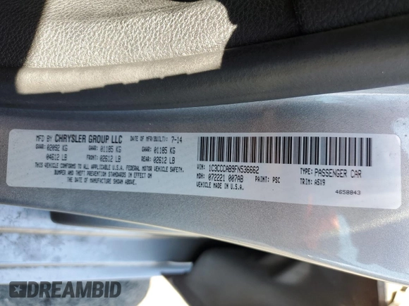 2015 Chrysler 200 Limited with VIN 1C3CCCAB9FN536662, listed as a Copart auction lot 57242915 with 72,193 mi miles and Salvage title. Bid and sale history available at DreamBid. Image 12.