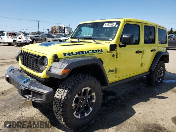 2024 Jeep Wrangler Rubicon z VIN 1C4RJXR64RW193946, wystawiony jako Copart lot #51693105 z przebiegiem 4 863 mil mil oraz Szkoda całkowita • Salvage title. Historia ofert i sprzedaży dostępna na DreamBid. Obrazek 1.
