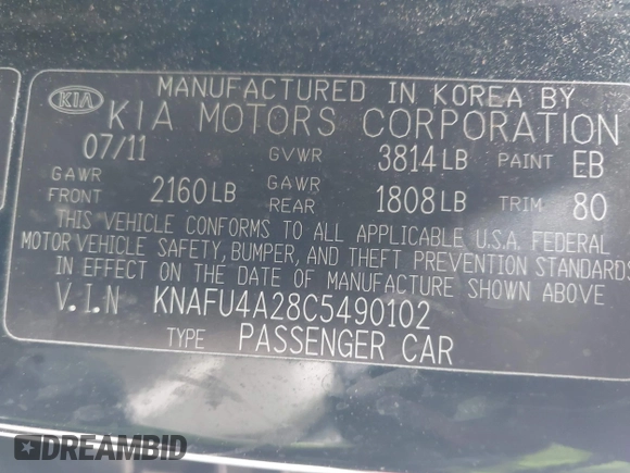 2012 Kia Forte EX with VIN KNAFU4A28C5490102, listed as a IAAI auction lot 42164395 with 167,444 mi miles. Bid and sale history available at carsss.com. Image 9.
