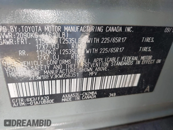 2019 Toyota RAV4 XLE with VIN 2T3W1RFV3KW056351, listed as a IAAI auction lot 42011662 with 64,634 mi miles. Bid and sale history available at carsss.com. Image 9.