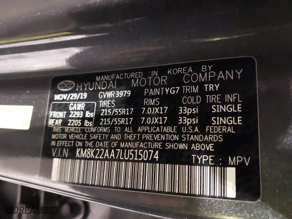 2020 Hyundai Kona SEL with VIN KM8K22AA7LU515074, listed as a IAAI auction lot 41491242 with 72,107 mi miles. Bid and sale history available at carsss.com. Image 9.