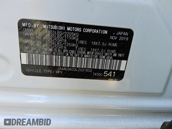 2020 Mitsubishi Outlander SE with VIN JA4AD3A33LZ021602, listed as a Copart auction lot 51567945 with 85,417 mi miles and Non repairable. Bid and sale history available at DreamBid. Image 9.