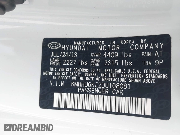 2013 Hyundai Genesis Coupe R-Spec with VIN KMHHU6KJ2DU108081, listed as a IAAI auction lot 41650433 with 80,964 mi miles and . Bid and sale history available at DreamBid. Image 9.