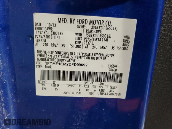 2013 Ford F-150 XL with VIN 1FTMF1EM2DFD99692, listed as a Copart auction lot 87008554 with 165,169 mi miles and Clean Title. Bid and sale history available at DreamBid. Image 12.