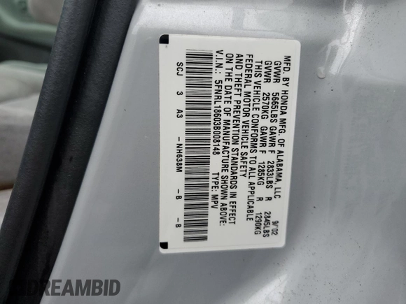 2003 Honda Odyssey EX z VIN 5FNRL18603B008148, wystawiony jako Copart lot #60669825 z przebiegiem 128 115 mil mil oraz Czysty tytuł • Clean title. Historia ofert i sprzedaży dostępna na DreamBid. Obrazek 13.