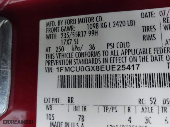 2014 Ford Escape SE with VIN 1FMCU0GX8EUE25417, listed as a IAAI auction lot 41544967 with 151,896 mi miles. Bid and sale history available at carsss.com. Image 9.