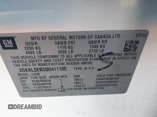 2013 GMC Terrain SLE with VIN 2GKALSEK5D6411185, listed as a IAAI auction lot 41993032 with 148,408 mi miles and . Bid and sale history available at DreamBid. Image 9.