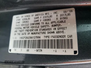 2009 Honda Accord LX-P z VIN 1HGCP26439A127994, wystawiony jako Copart lot #59372355 z przebiegiem 175 343 mil mil oraz Czysty tytuł • Clean title. Historia ofert i sprzedaży dostępna na DreamBid. Obrazek 12.