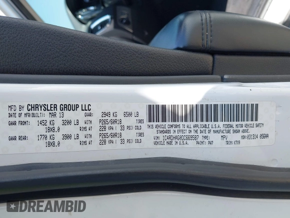 2013 Dodge Durango SXT with VIN 1C4RDHAG0DC669587, listed as a IAAI auction lot 42599143 with 126,748 mi miles and . Bid and sale history available at DreamBid. Image 9.