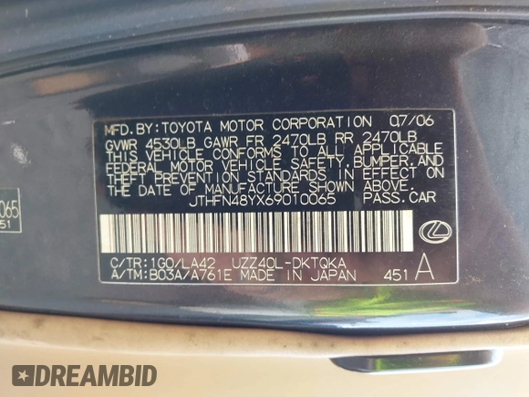 2006 Lexus SC 430 с VIN JTHFN48YX69010065, выставлен на аукционе IAAI как лот 42530910 с пробегом 139 248 миль миль и . История ставок и продаж доступна на DreamBid. Изображение 9.