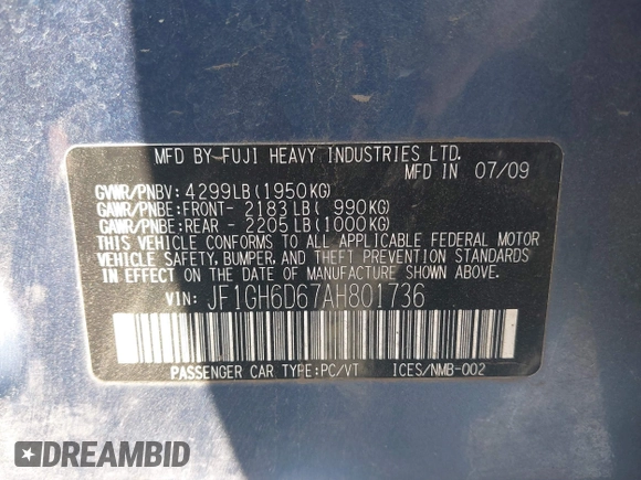 2010 Subaru Impreza Outback Special Sports with VIN JF1GH6D67AH801736, listed as a IAAI auction lot 41929438 with 136,601 mi miles and . Bid and sale history available at DreamBid. Image 9.