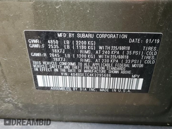 2019 Subaru Outback Touring with VIN 4S4BSETC4K3295686, listed as a Copart auction lot 83646194 with Not provided miles and Clean title. Bid and sale history available at DreamBid. Image 15.