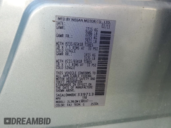 2013 Infiniti JX35 with VIN 5N1AL0MM8DC339713, listed as a Copart auction lot 50605525 with 106,036 mi miles and Salvage Title. Bid and sale history available at carsss.com. Image 14.