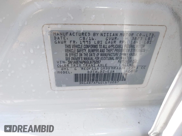 2016 Nissan Sentra SR with VIN 3N1AB7AP6GL675287, listed as a IAAI auction lot 41969384 with 93,656 mi miles and . Bid and sale history available at DreamBid. Image 9.
