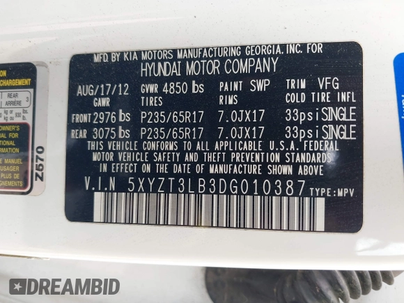2013 Hyundai Santa Fe Sport z VIN 5XYZT3LB3DG010387, wystawiony jako IAAI lot #37558071 z przebiegiem 171 439 mil mil oraz . Historia ofert i sprzedaży dostępna na DreamBid. Obrazek 9.