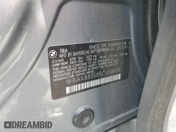 2009 BMW 7 Series 750Li with VIN WBAKB83589CY58639, listed as a Copart auction lot 54968705 with 211,516 mi miles and Clean Title. Bid and sale history available at DreamBid. Image 13.