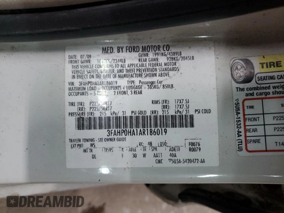 2010 Ford Fusion SE with VIN 3FAHP0HA1AR186019, listed as a Copart auction lot 50466025 with 170,850 mi miles and Clean Title. Bid and sale history available at DreamBid. Image 12.