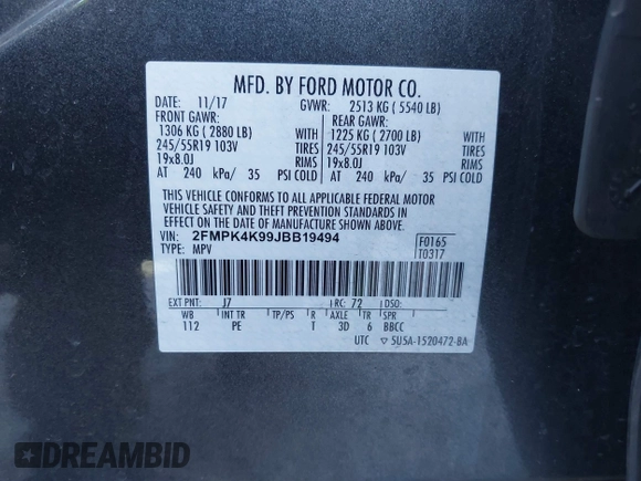 2018 Ford Edge Titanium with VIN 2FMPK4K99JBB19494, listed as a IAAI auction lot 41759517 with 87,039 mi miles. Bid and sale history available at carsss.com. Image 9.