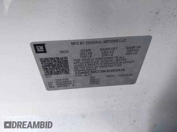 2019 Chevrolet Tahoe LT z VIN 1GNSCBKC0KR393975, wystawiony jako IAAI lot #41129927 z przebiegiem 119 470 mil mil oraz . Historia ofert i sprzedaży dostępna na DreamBid. Obrazek 9.