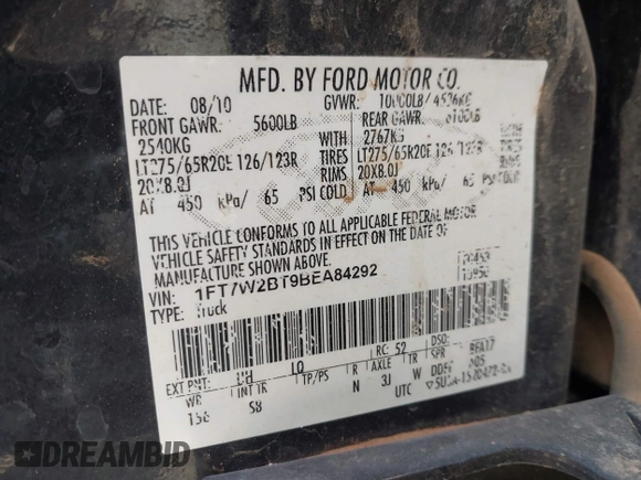 2011 Ford Super Duty F-250 SRW XL with VIN 1FT7W2BT9BEA84292, listed as a IAAI auction lot 41836806 with 253,194 mi miles. Bid and sale history available at carsss.com. Image 9.