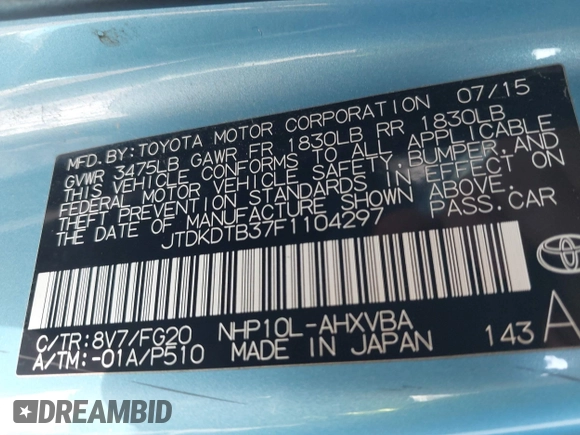 2015 Toyota Prius One with VIN JTDKDTB37F1104297, listed as a IAAI auction lot 41824438 with 117,562 mi miles and . Bid and sale history available at carsss.com. Image 9.