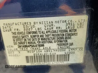 2010 Nissan Sentra S with VIN 3N1AB6AP5AL678599, listed as a Copart auction lot 62484895 with Not provided miles and Salvage title. Bid and sale history available at DreamBid. Image 12.