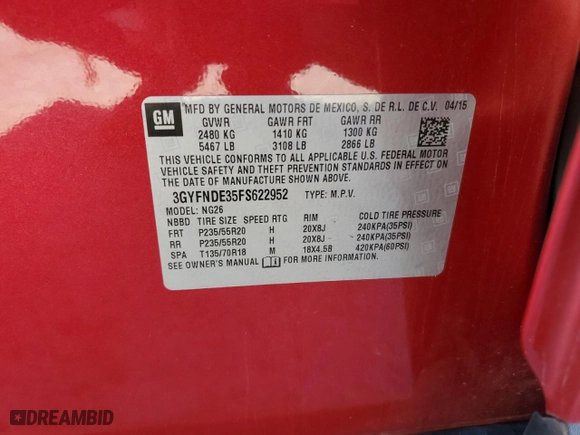 2015 Cadillac SRX Premium Collection with VIN 3GYFNDE35FS622952, listed as a Copart auction lot 73229494 with 157,491 mi miles and Salvage Title. Bid and sale history available at carsss.com. Image 13.