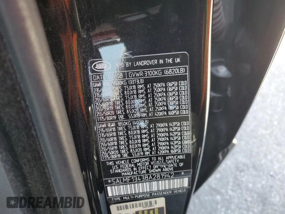 2008 Land Rover Range Rover SC with VIN SALMF13438A281942, listed as a Copart auction lot 57673775 with 140,476 mi miles and Salvage title. Bid and sale history available at DreamBid. Image 13.