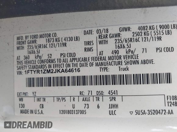 2018 Ford Transit with VIN 1FTYR1ZM2JKA64616, listed as a IAAI auction lot 41707538 with 221,167 mi miles and . Bid and sale history available at DreamBid. Image 9.