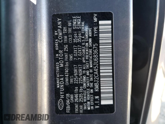 2018 Hyundai Tucson SE z VIN KM8J2CA45JU683675, wystawiony jako Copart lot #46975945 z przebiegiem 108 781 mil mil oraz Szkoda całkowita • Salvage title. Historia ofert i sprzedaży dostępna na DreamBid. Obrazek 13.