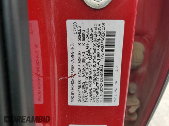 2020 Honda Accord Sport with VIN 1HGCV2F3XLA025614, listed as a Copart auction lot 55842835 with 98,117 mi miles and Salvage title. Bid and sale history available at DreamBid. Image 12.