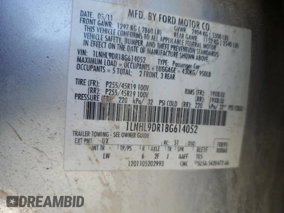 2011 Lincoln MKS with VIN 1LNHL9DR1BG614052, listed as a Copart auction lot 53111205 with Not Provided miles and Salvage Title. Bid and sale history available at DreamBid. Image 12.