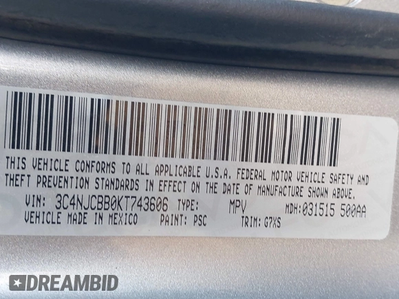 2019 Jeep Compass Altitude with VIN 3C4NJCBB0KT743606, listed as a IAAI auction lot 41468490 with 57,787 mi miles and . Bid and sale history available at DreamBid. Image 9.