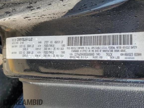 2008 Dodge Dakota Laramie with VIN 1D7HW58N98S609009, listed as a Copart auction lot 63204865 with 100,366 mi miles and Clean title. Bid and sale history available at DreamBid. Image 12.