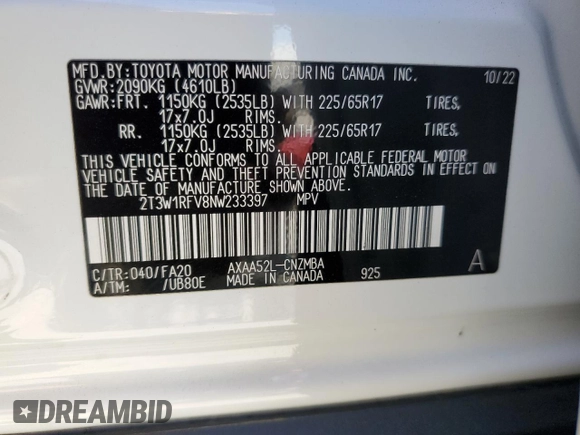 2022 Toyota RAV4 XLE with VIN 2T3W1RFV8NW233397, listed as a Copart auction lot 65276715 with 20,956 mi miles and Salvage title. Bid and sale history available at DreamBid. Image 13.