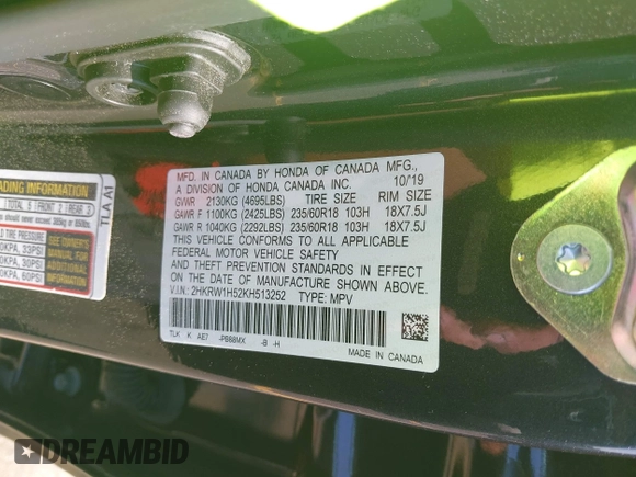 2019 Honda CR-V EX with VIN 2HKRW1H52KH513252, listed as a IAAI auction lot 42074091 with 31,764 mi miles and . Bid and sale history available at DreamBid. Image 9.