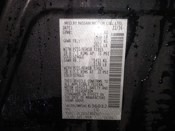 2017 Nissan Pathfinder SL with VIN 5N1DR2MM5HC636032, listed as a IAAI auction lot 41403929 with 160,232 mi miles. Bid and sale history available at carsss.com. Image 9.