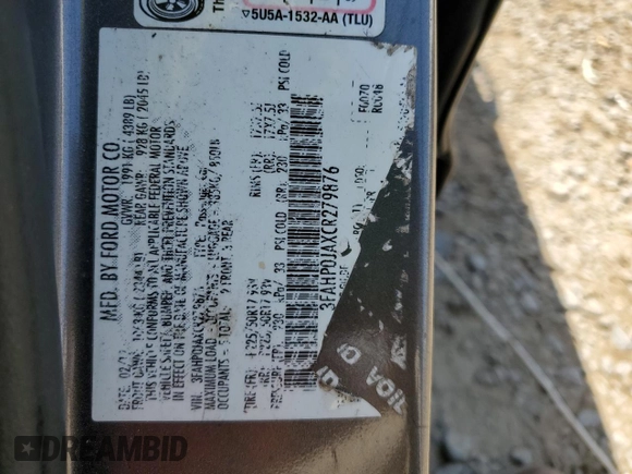 2012 Ford Fusion SEL with VIN 3FAHP0JAXCR279876, listed as a Copart auction lot 54004525 with 125,838 mi miles and Salvage title. Bid and sale history available at DreamBid. Image 13.