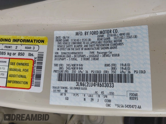2015 Lincoln MKZ Hybrid with VIN 3LN6L2LU4FR603033, listed as a IAAI auction lot 42445520 with 258,998 mi miles and . Bid and sale history available at DreamBid. Image 9.