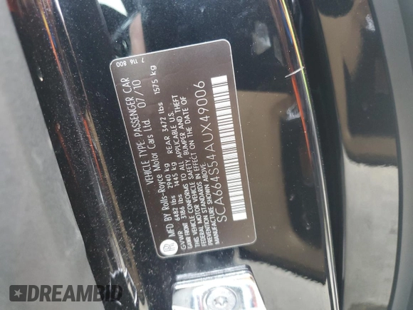 2010 Rolls-Royce Ghost z VIN SCA664S54AUX49006, wystawiony jako Copart lot #71230504 z przebiegiem Nie podano mil oraz Tytuł czysty. Historia ofert i sprzedaży dostępna na DreamBid. Obrazek 9.