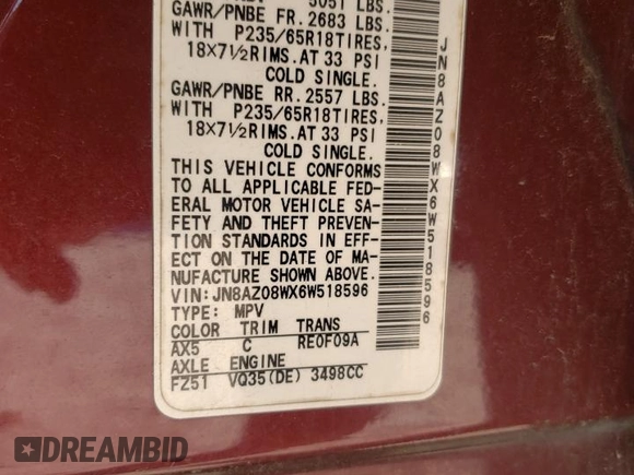 2006 Nissan Murano S z VIN JN8AZ08WX6W518596, wystawiony jako Copart lot #78172834 z przebiegiem 218 147 mil mil oraz Szkoda całkowita • Salvage title. Historia ofert i sprzedaży dostępna na DreamBid. Obrazek 16.